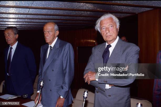 Italian entrepreneur Gianni Agnelli together with the entrepreneur Leopoldo Pirelli at the Confindustria headquarters. Rome , 1990
