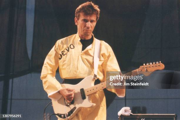 Bob Mothersbaugh of Devo performs at Lollapalooza at Irvine Meadows Amphitheatre in Irvine, California on August 3, 1996.