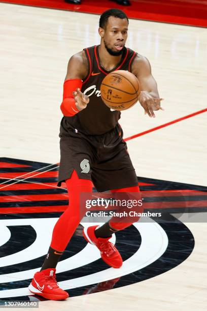 Rodney Hood of the Portland Trail Blazers in action against the New Orleans Pelicans during the fourth quarter at Moda Center on March 18, 2021 in...