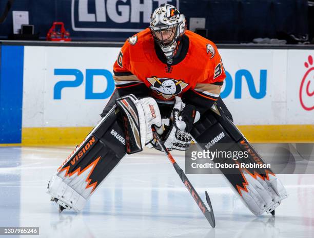 Goaltender Ryan Miller of the Anaheim Ducks takes the ice for the game against the Arizona Coyotes at Honda Center on March 18, 2021 in Anaheim,...