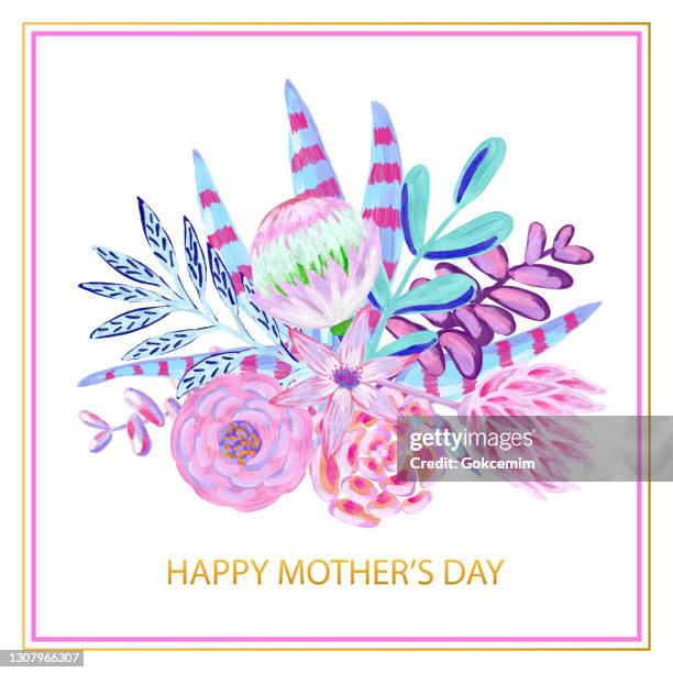 illustrazioni stock, clip art, cartoni animati e icone di tendenza di buona festa della mamma, design bloosoms fresco multicolore per biglietti d'auguri, pubblicità, striscioni, volantini e volantini. cornice floreale. bouquet delicati con fiori viola, rosa e blu disposti per formare una cornice allegra per biglietti d'augu - mothers day text art