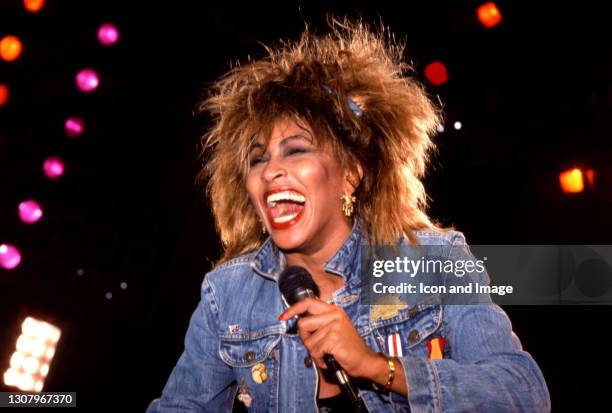 American-Swiss singer and actress, Tina Turner performs during her 1985 "Private Dancer Tour" on August 28, 1985 at the Joe Louis Arena in Detroit,...