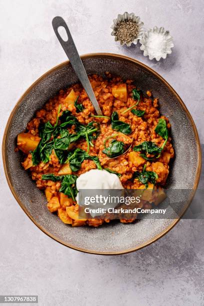 lins och potatisgryta med vissnad spenat och grekisk yoghurt - stuvning bildbanksfoton och bilder