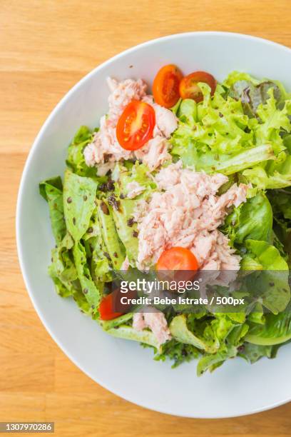directly above shot of salad in bowl on table - tuna salad stock pictures, royalty-free photos & images