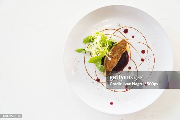 directly above shot of food in plate on white background - wildgeflügel fleisch stock-fotos und bilder