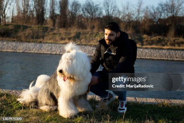 handsome young man posing with his dog near river - old english sheepdog stock pictures, royalty-free photos & images