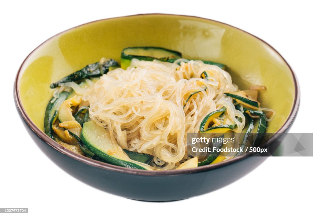 High angle view of noodles in bowl on white background