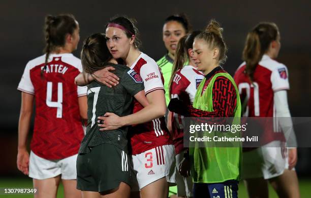 Lotte Wubben-Moy of Arsenal consoles Ella Toone of Manchester United on the final whistle during the Barclays FA Women's Super League match between...