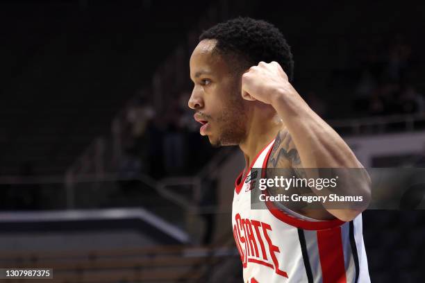 Walker of the Ohio State Buckeyes reacts after making a basket in the second half against the Oral Roberts Golden Eagles in the first round game of...