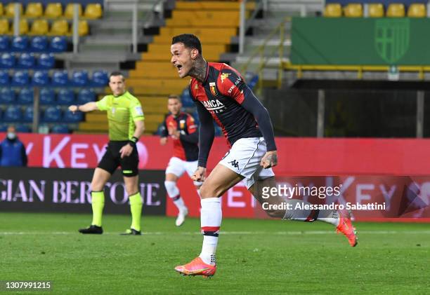Gianluca Scamacca of Genoa CFC celebrates scoring a goal to make it 1-1 during the Serie A match between Parma Calcio and Genoa CFC at Stadio Ennio...