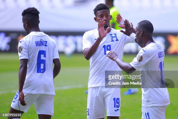 Darixon Vuelto of Honduras celebrates after scoring the third goal of his team during the match between Honduras and Haiti as part of the 2020...