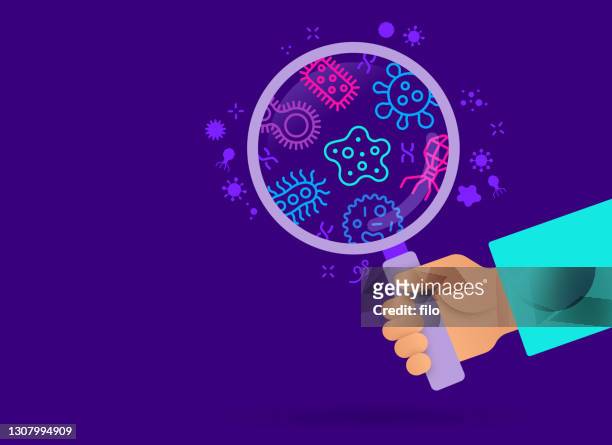 illustrazioni stock, clip art, cartoni animati e icone di tendenza di virus ricerca lente d'ingrandimento malattie infettive germi da vicino - microbio