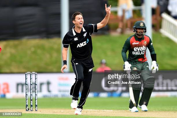 Trent Boult of New Zealand appeals for the wicket of Tamim Iqbal during game one of the One Day International series between the New Zealand...