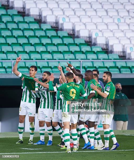 Nabil Fekir of Real Betis celebrates scoring a goal with team mates the La Liga Santander match between Real Betis and Levante UD at Estadio Benito...