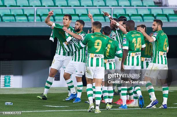 Nabil Fekir of Real Betis celebrates scoring a goal with team mates the La Liga Santander match between Real Betis and Levante UD at Estadio Benito...