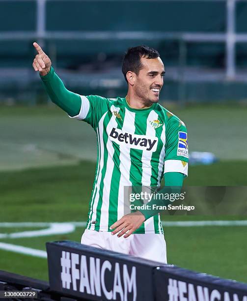 Juanmi Jiménez of Real Betis celebrates scoring a goal during the La Liga Santander match between Real Betis and Levante UD at Estadio Benito...