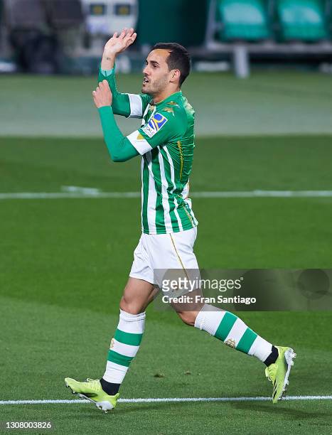 Juanmi Jiménez of Real Betis celebrates scoring a goal during the La Liga Santander match between Real Betis and Levante UD at Estadio Benito...