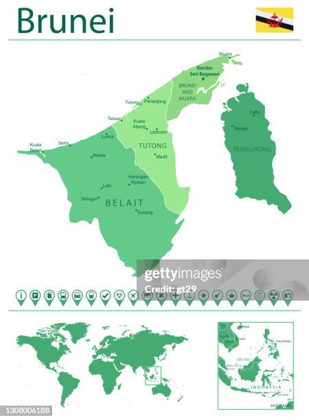 Brunei Detailed Map And Flag Brunei On World Map High Res Vector Brunei Detailed Map And Flag Brunei On World Map 