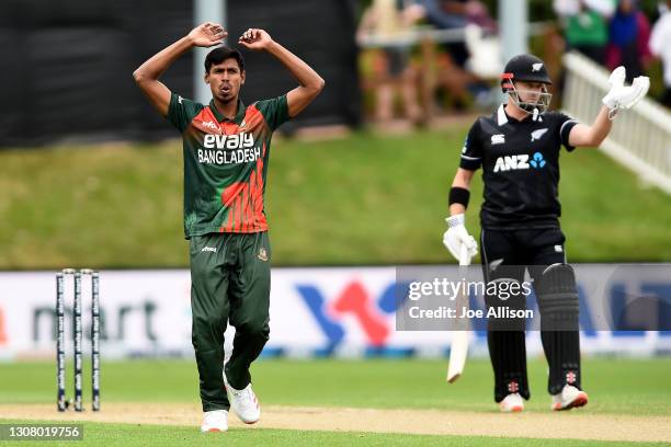 Mustafizur Rahman of Bangladesh reacts during game one of the One Day International series between the New Zealand Blackcaps and Bangladesh at...