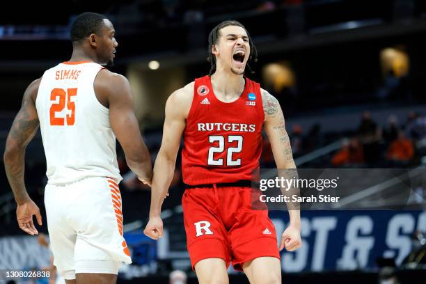 Caleb McConnell of the Rutgers Scarlet Knights reacts in the second half against the Clemson Tigers in the first round game of the 2021 NCAA Men's...