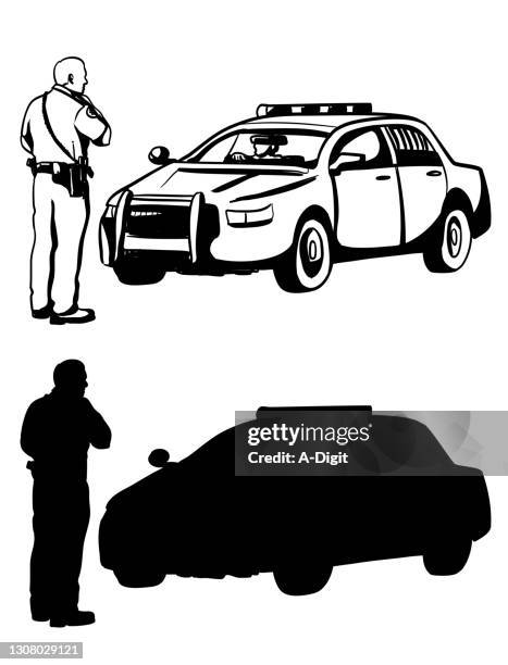 policeman at work silhouette - car warning light stock illustrations