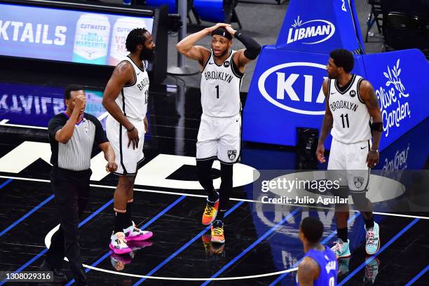 Bruce Brown of the Brooklyn Nets reacts to a foul in the second half against the Orlando Magic at Amway Center on March 19, 2021 in Orlando, Florida....