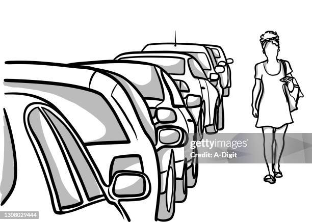 row of cars street parking - authentic stock-grafiken, -clipart, -cartoons und -symbole