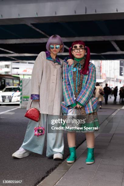 Guests are seen on the street during the Rakuten Fashion Week Tokyo 2021 autumn/winter on March 20, 2021 in Tokyo, Japan.