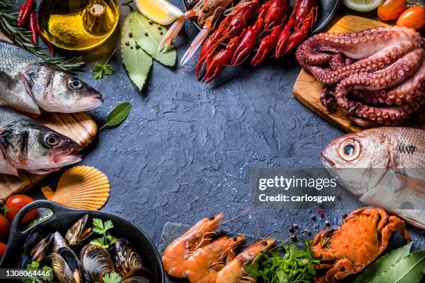 verse vis en zeevruchtenachtergrond met exemplaarruimte - frozen fish fillets stockfoto's en -beelden