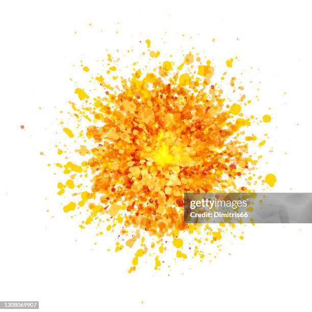ilustraciones, imágenes clip art, dibujos animados e iconos de stock de salpicaduras de naranja sobre fondo blanco. - holi