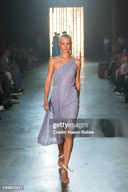 Shay Langley showcases designs by Rachel Gilbert during Runway 6 at Melbourne Fashion Festival on March 19, 2021 in Melbourne, Australia.