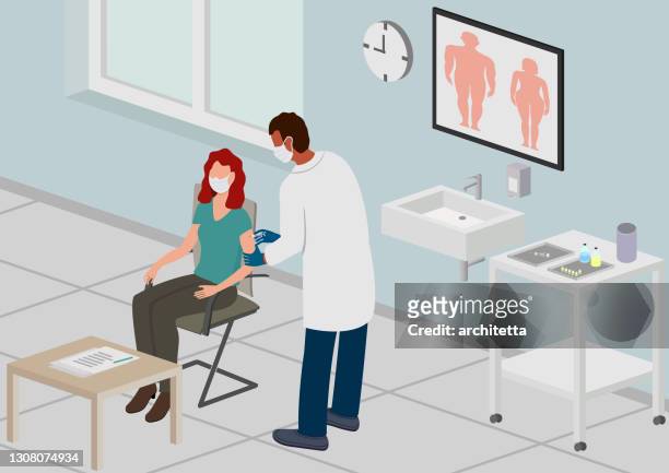 vaccination in doctor's room, isometric perspective - hospital visit stock illustrations