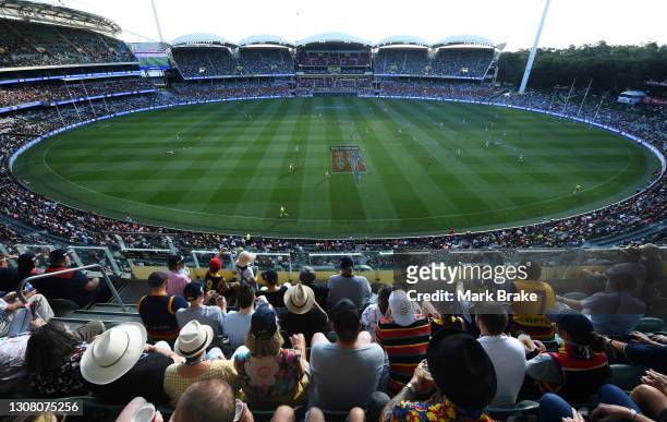 General view of crowd from Eastern stand during the round one AFL match between the Adelaide Crows and the Geelong Cats at Adelaide Oval on March 20,...