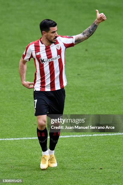 Yuri Berchiche of Athletic Bilbao celebrates after scoring their team's first goal during the La Liga Santander match between Athletic Club and SD...