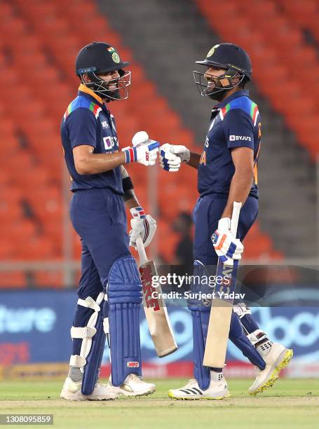 India opening batsmen Virat Kohli and Rohit Sharma in conversation during the 5th T20 International between India and England at Narendra Modi...