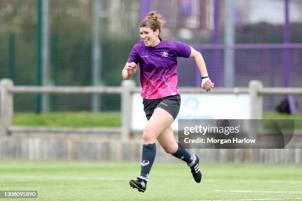 Sarah Hunter, Forward coach of Loughborough Lightning is seen warming up prior to during the Loughborough Lightning and Wasps Rugby Allianz Premier...
