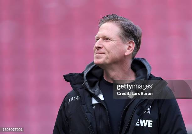 Markus Gisdol, Head Coach of 1.FC Koeln looks on prior to the Bundesliga match between 1. FC Koeln and Borussia Dortmund at RheinEnergieStadion on...