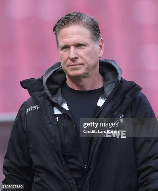 Markus Gisdol, Head Coach of 1.FC Koeln looks on prior to the Bundesliga match between 1. FC Koeln and Borussia Dortmund at RheinEnergieStadion on...