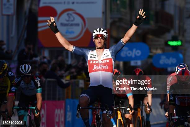 Arrival / Jasper Stuyven of Belgium and Team Trek - Segafredo Celebration, during the 112th Milano-Sanremo 2021 a 299km race from Milano to Sanremo /...