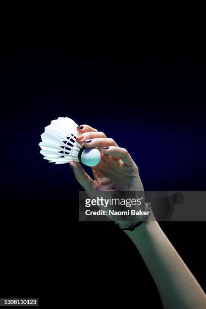 Detailed view of Ratchanok Intanon of Thailand holding the shuttlecock before she serves during her Semi Final Women's singles match against Nozomi...