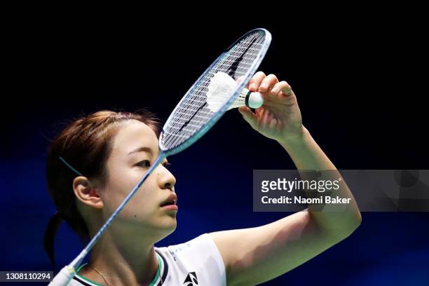 Nozomi Okuhara of japan in action during her Semi Final Women's singles match against Ratchanok Intanon of Thailand during day four of YONEX All...
