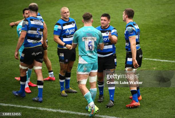 Christian Judge of Bath Rugby and Ted Hill of The Worcester Warriors congratulate each other after the Gallagher Premiership Rugby match between Bath...
