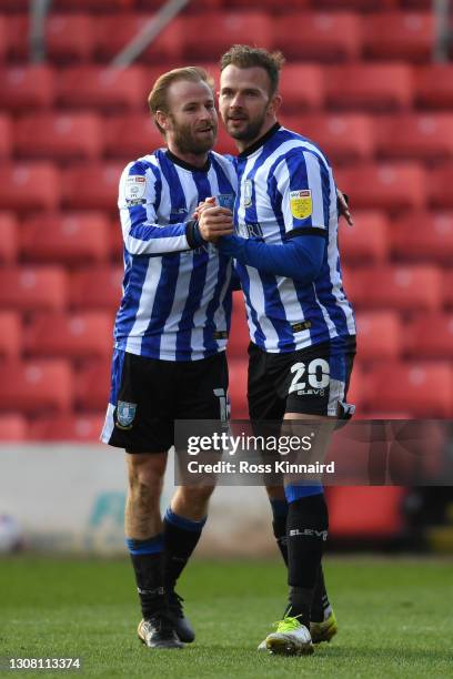 Jordan Rhodes of Sheffield Wednesday celebrates with Barry Bannan after scoring their team's second goal during the Sky Bet Championship match...