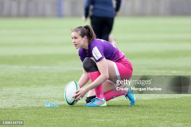 Emily Scarratt of Loughborough Lightning prepares for a conversion during the Loughborough Lightning and Wasps Rugby Allianz Premier 15s match at...