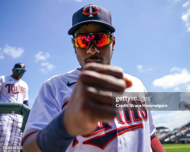 Jorge Polanco of the Minnesota Twins looks on during a spring training game against the Pittsburgh Pirates on March 16, 2021 at the Hammond Stadium...