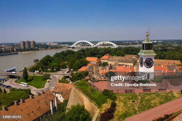 petrovaradin fortress clock tower aerial view - novi sad stock pictures, royalty-free photos & images