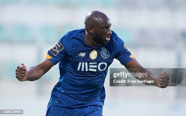 Mousa Marega of FC Porto celebrates his first goal during the Liga NOS match between Portimonense SC and FC Porto at Estadio Municipal de Portimao on...