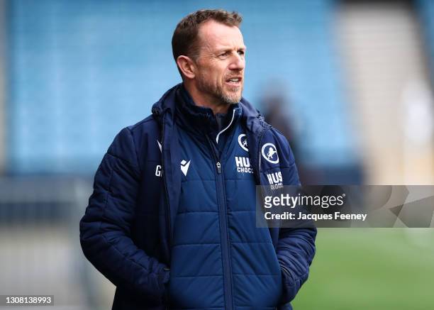 Gary Rowett, manager of Millwall looks on during the Sky Bet Championship match between Millwall and Middlesbrough at The Den on March 20, 2021 in...
