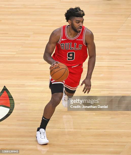 Patrick Williams of the Chicago Bulls brings the ball up the court against the San Antonio Spurs at the United Center on March 17, 2021 in Chicago,...