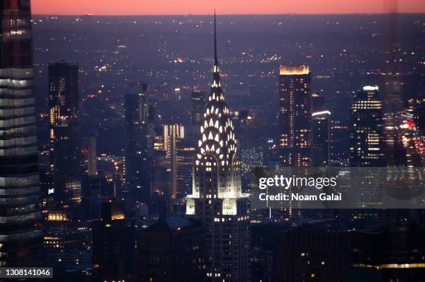 View of the Chrysler Building as seen from the Edge observation deck at Hudson Yards on the first day of spring on March 20, 2021 in New York City.